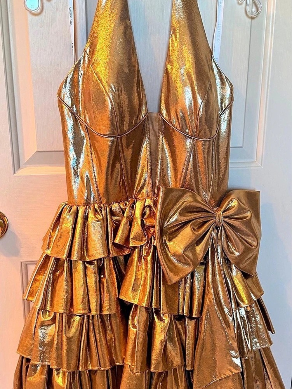 SHERRI HILL 56826 Metallic Halter Cocktail Dress 56826 Gold Metallic Halter Mini - Picture 2 of 5